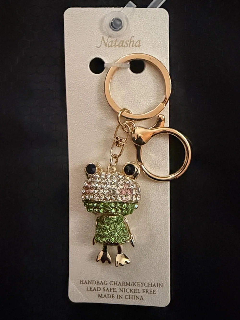 🐸 Natasha Gold Frog Crystal Keychain - Green & Clear Rhinestones